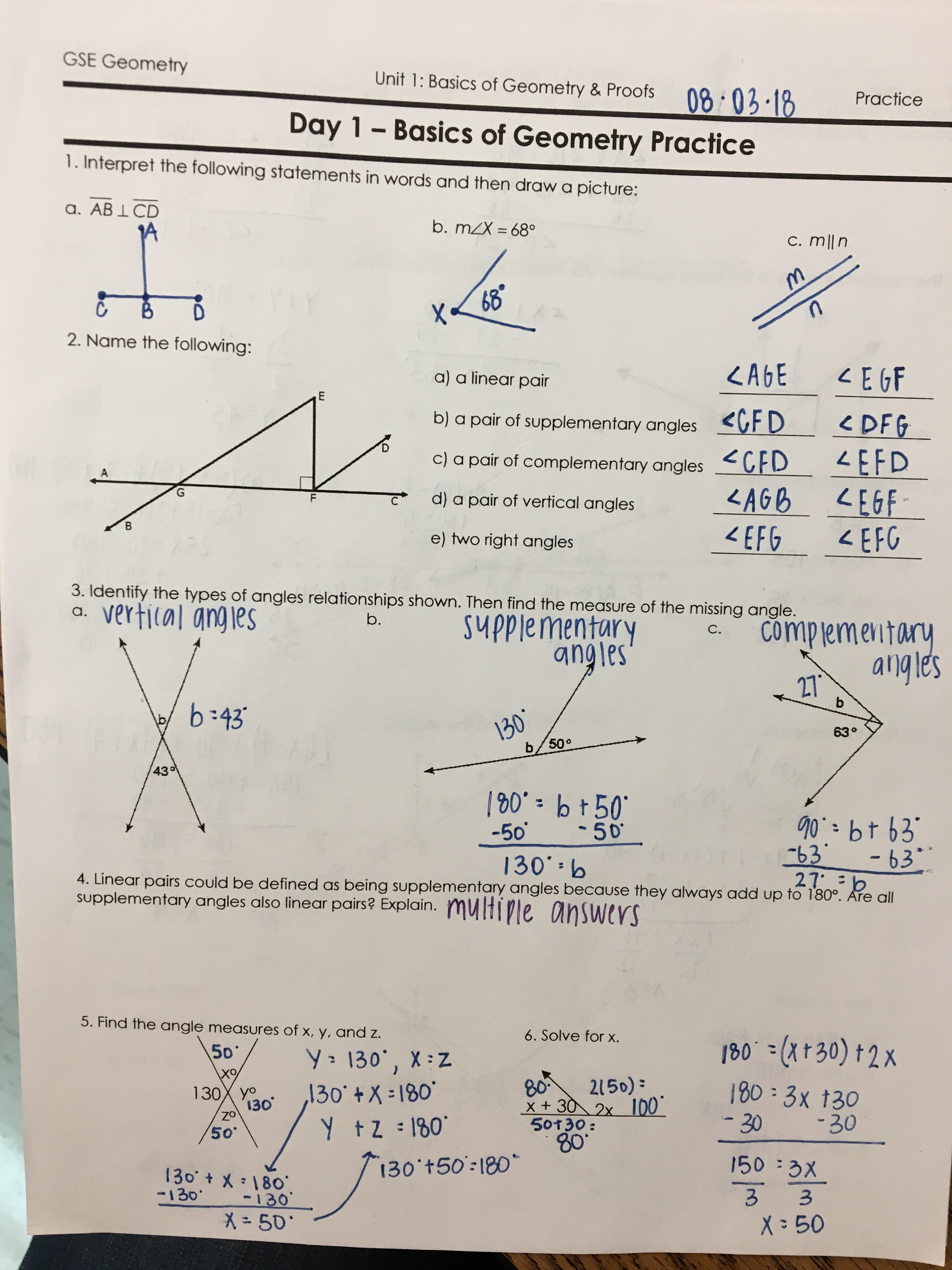 geometry unit 1 lesson 1 homework answer key